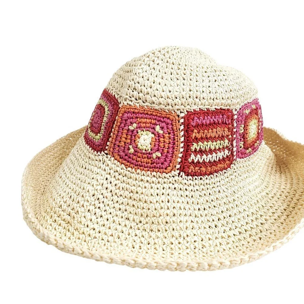 Cute Patch Artwork Floppy Straw Boho Bucket Sun Hat
